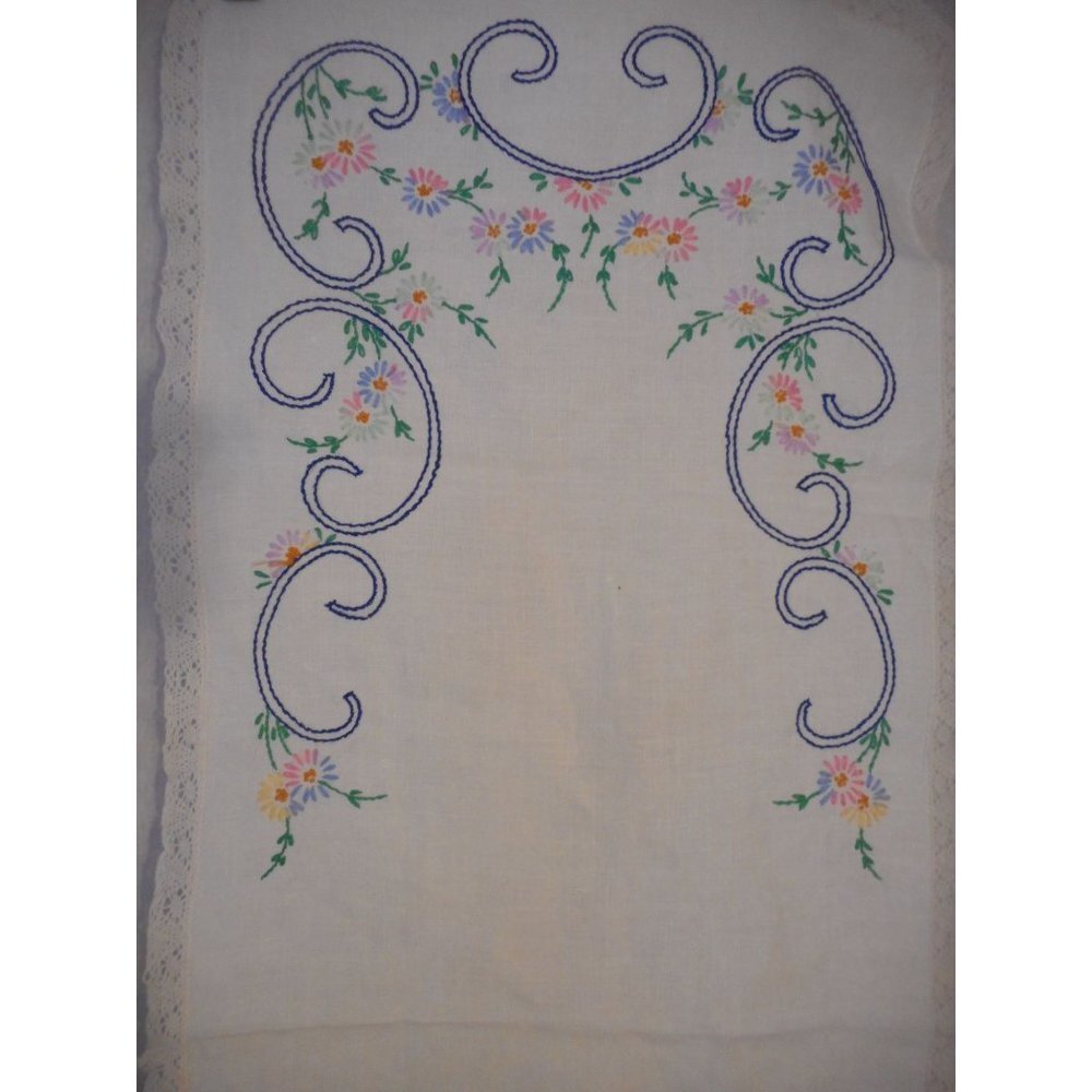 Vintage Blue Multicolor Floral handmade embroidered Lace Dresser scarf runner - Picture 2 of 4